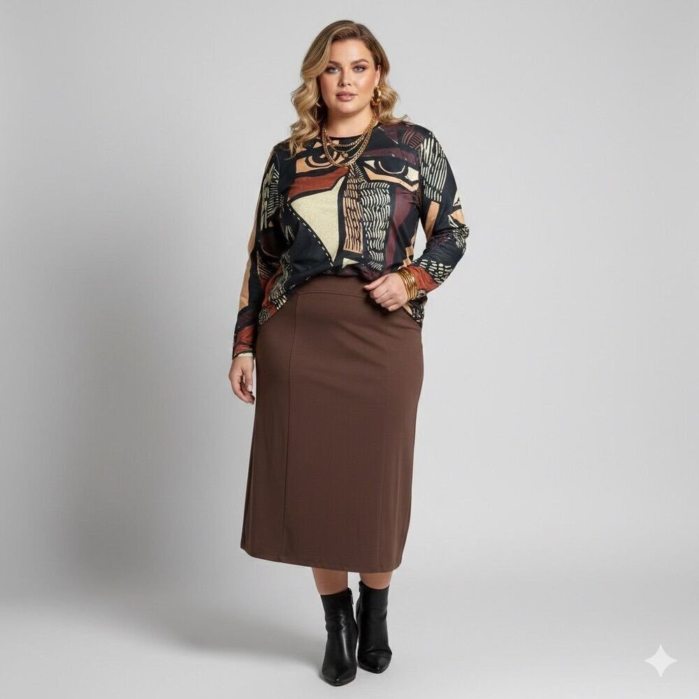 Pixie Lady Abstract Geometric Earth Tones Art Retro Boho Blouse Plus Sz 1X Brown
